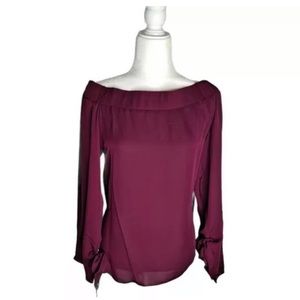Heather by Bordeaux. Silk Off shoulder tie sleeve